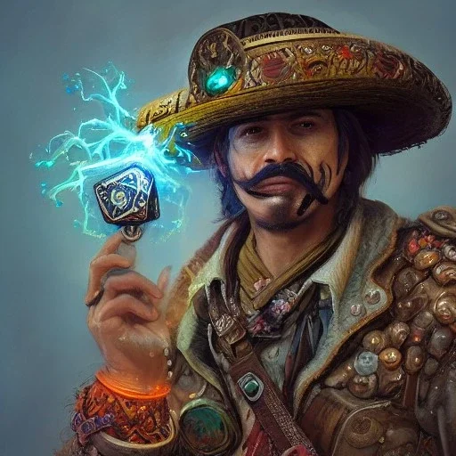 Insanely detailed photograph of an “ a mustachioed cowboy warrior "with worn Sombrero, handsome charo,cigar,glowing D20 in outstretched hand, hyperdetailed painting by Ismail Inceoglu Huang Guangjian and Dan Witz CGSociety ZBrush Central fantasy art album cover art,8K, hdr, mysterious, flickeringlights ,Stoic