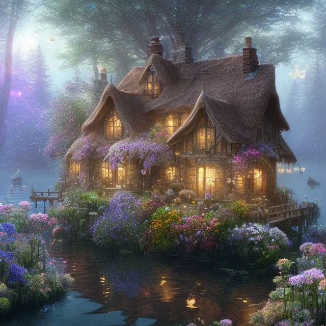 high-quality, fine-detail beautiful magical cottage with a clear, reflective lake, flowers, butterflies, small globes of iridescent light, tranquil, gorgeous, 8k resolution, 3D octane render, intricate, sharp, crisp, digital art, detailed matte, volumetric lighting, George Grie, Anne Dittman, Anne Stokes, Lisa Parker, Selina French, Alphonese Mucha