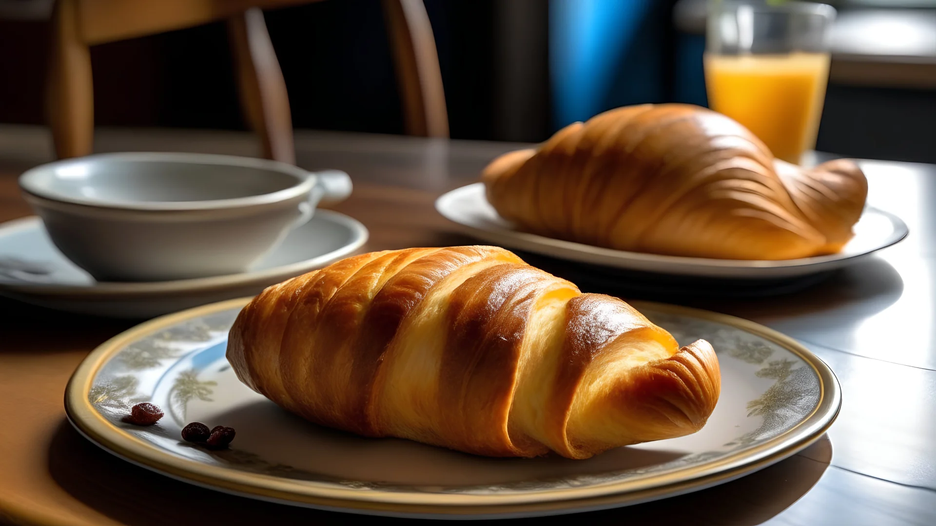 a croissant/ gipfeli which is a pastry from france on a plate. the plate is on a table