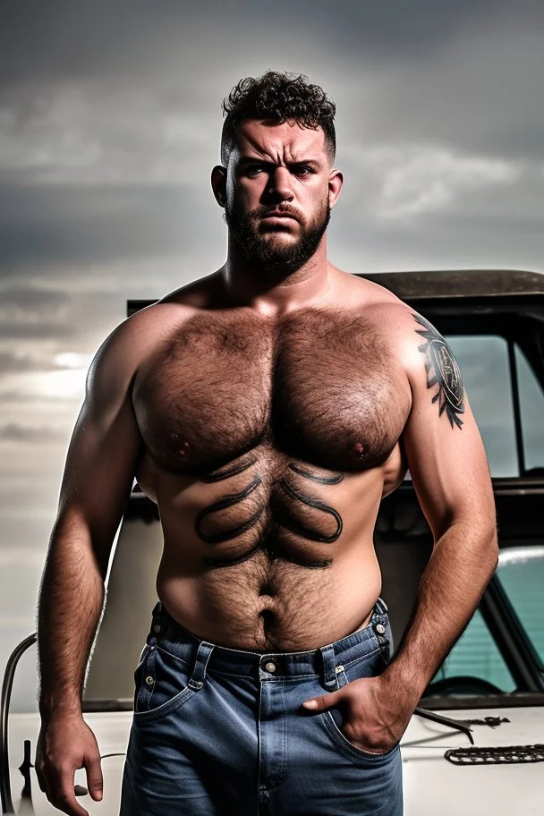 full figure shot photography of a short ugly hefty burly dirty muscular chubby hairy angry man italian 26 years old, curly hair, shirtless, tattoo, manly chest with bulging opened overalls, angry eyes, inside a mechanical workshop under the sun sitting on the hood of a car, open legs, photorealistic, ambient occlusion, side light , frontal view from the floor