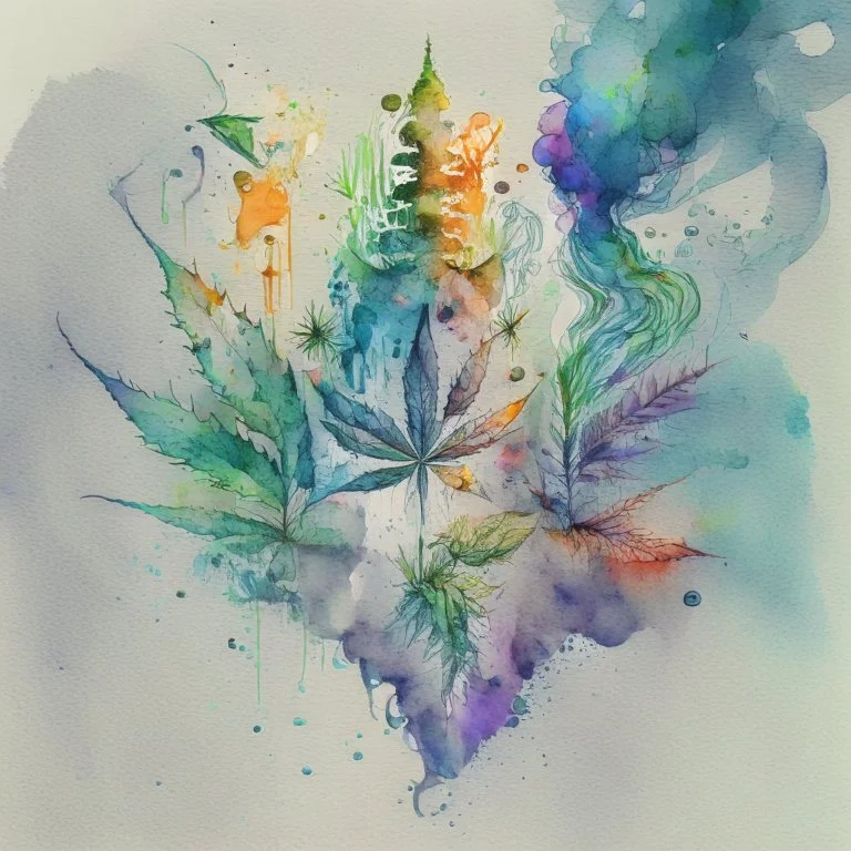 Create a visually captivating water colour sketch that represents the different stages of addiction and recovery, incorporating symbolic imagery of weed, smoke, and crushed weed.