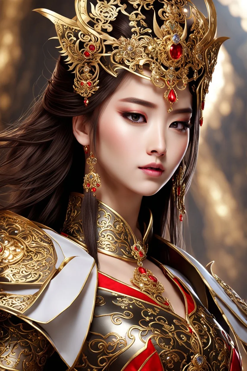 Realistic photography,front_view, Beautiful Queen fairy super model Chinese Woman, brown hair,dressing luxury party gown,looking at viewer,traditional dress ornaments mechanical armor china traditional, intricate armor, delicate golden shine bright, black metalic parts, detailed part, jewelry diamonds,dynamic pose,abstrac background, dynamic lighting, red hour, full body portrait