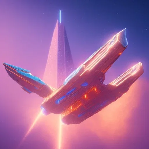 a crystalised blue pink spaceship, gold, diamonds, lightbeams, cosmic background, atmospheric, realistic, unreal engine, 8k. Cinematic lighting, octane render.