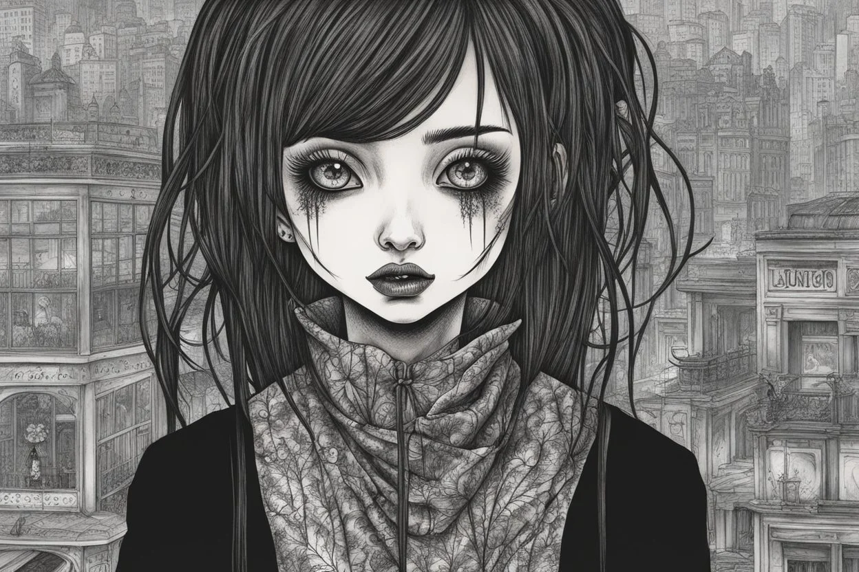 create a disturbing full body portrait horror illustration of a dark haired, savage, gothpunk vampire girl with highly detailed , sharply defined hair and facial features, in a dark, otherworldly London in the manga style of Junji Ito, precisely drawn, inked, with dramatic edges,