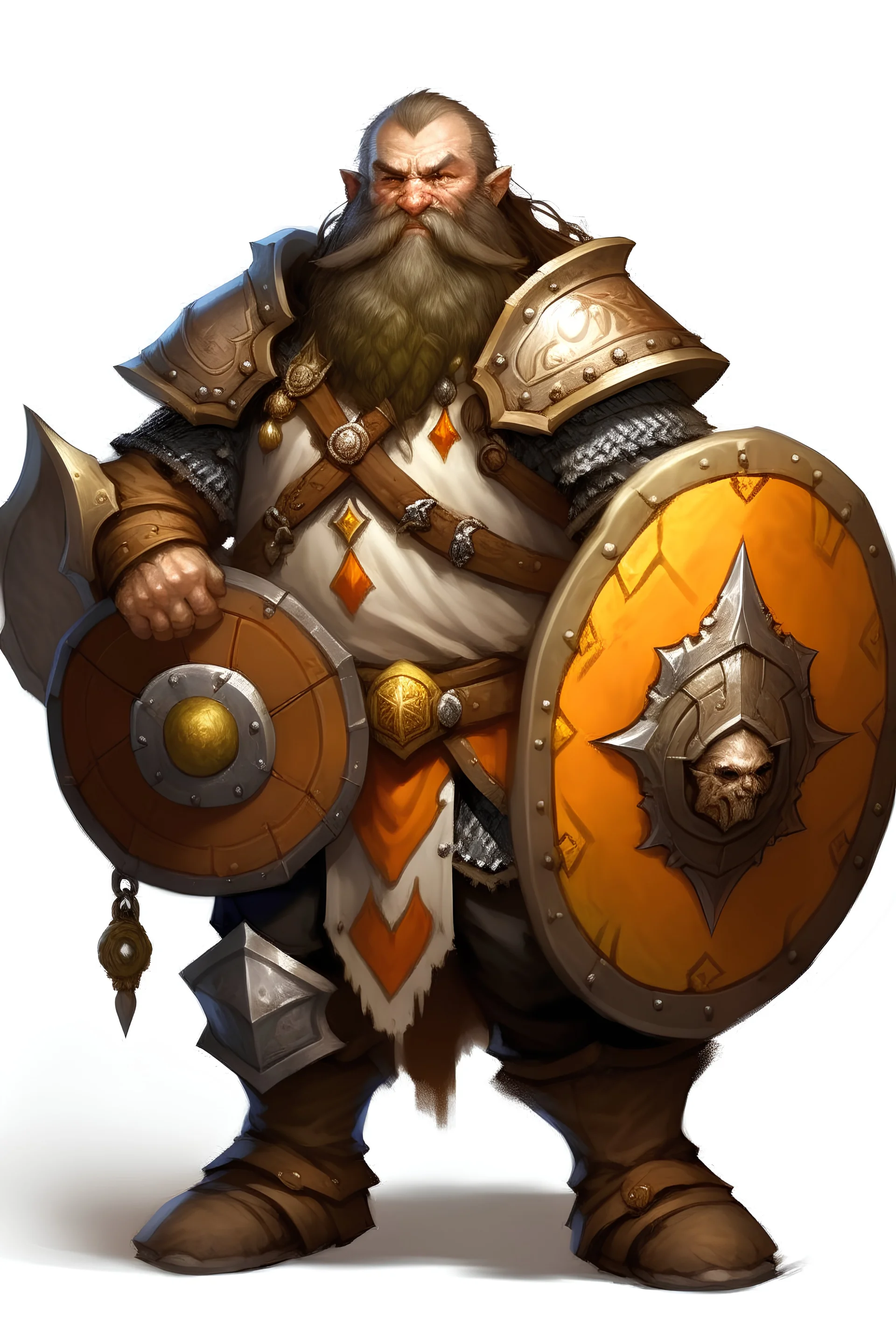 Mountain dwarf tempest cleric holding a shield and a Warhammer