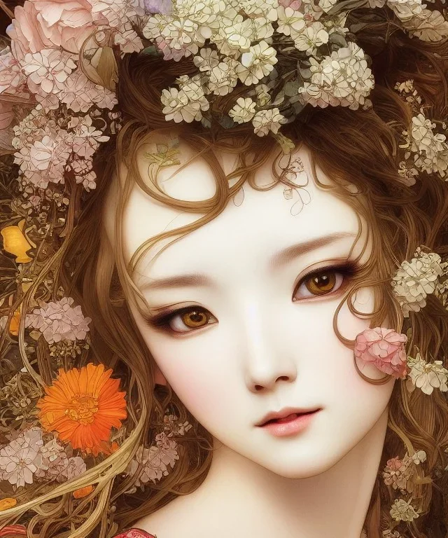 a masterpiece ultrarealistic ultradetailed face portrait of beautiful love, jewelry genius, witch girl on fruits street market baroque renaissance. medium shot, intricate, elegant, by stanley artgerm lau, wlop, alphonse mucha, rossdraws, andrei riabovitchev, yoshitaka amano. flower background my james jeand and takashi murakami