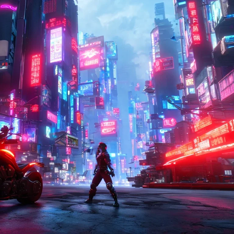 akira motorcycle, cyberpunk, cyberpunk city, anti alising, ray tracing, image with movement, perspective scenary, neon ilumination, epic, cinematic light, lens 100 mm, 16:9, high resolution, 8k