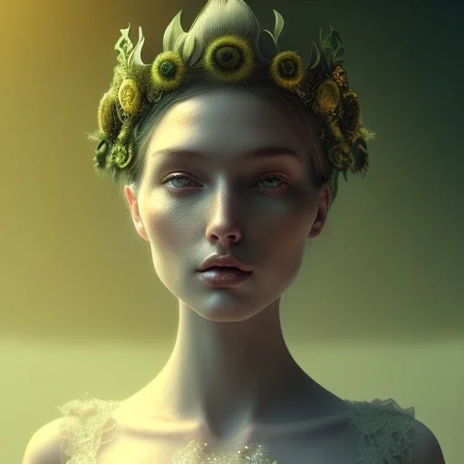 half-length sepia portrait, three-quarter face pose, curvy girl, woven flower crown, entrancing deep green eyes, lace dress, high-quality, fine-detail, intricate, digital art, detailed matte, volumetric lighting, dynamic lighting, illustration, 3D octane render, brian froud, howard lyon, selina french, anna dittmann, annie stokes, lisa parker, greg rutowski,