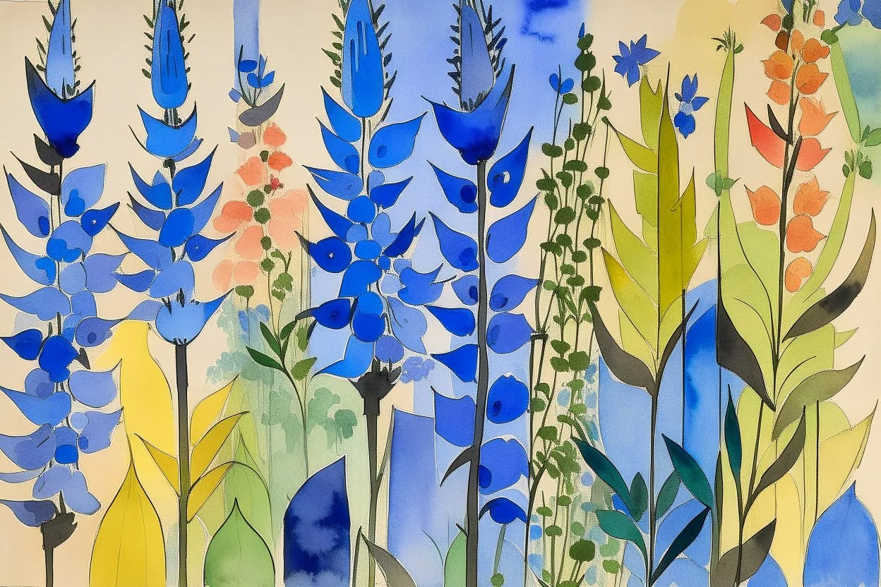 Watercolour of delphiniums in the style of Paul Klee