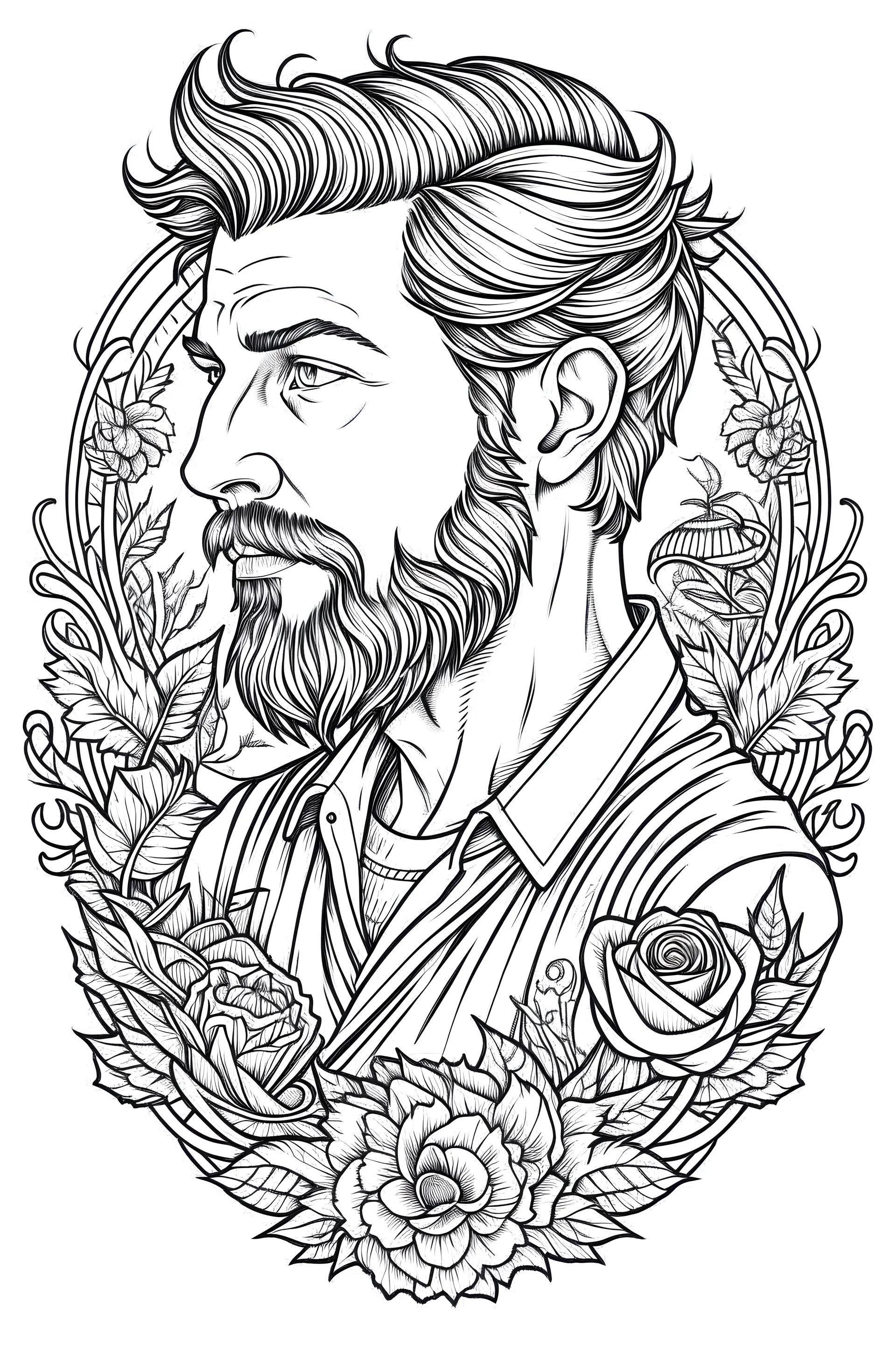 man Tattoo coloring book page, white background, Sketch style, only use outline, cartoon style, line art.