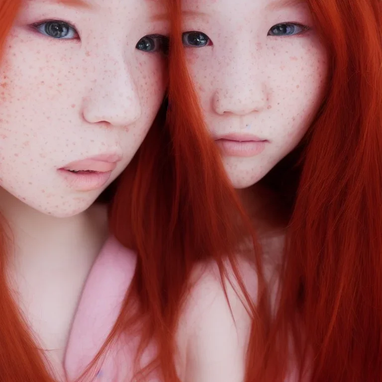 redhead girl, asian eyes, freckles, brown eyes, pink eye makeup, big pores, ultra detailed portrait