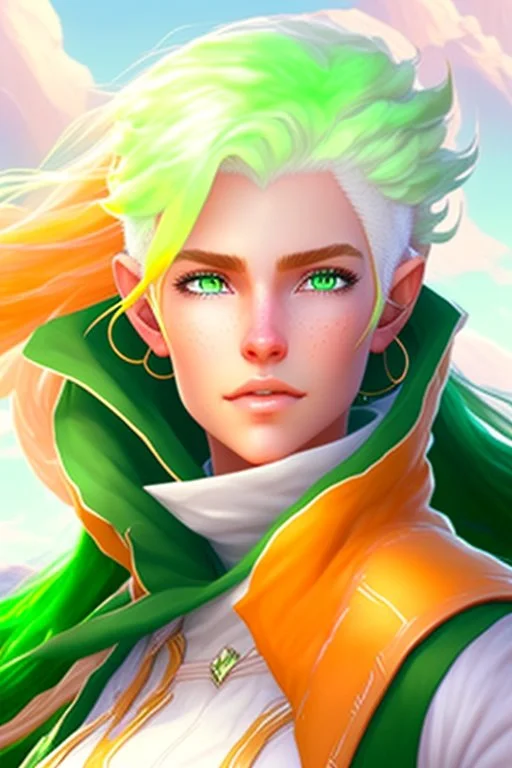 fantasy setting, woman ranger traveler with orange and white hair, pastel green eyes, kind, soft facial traits