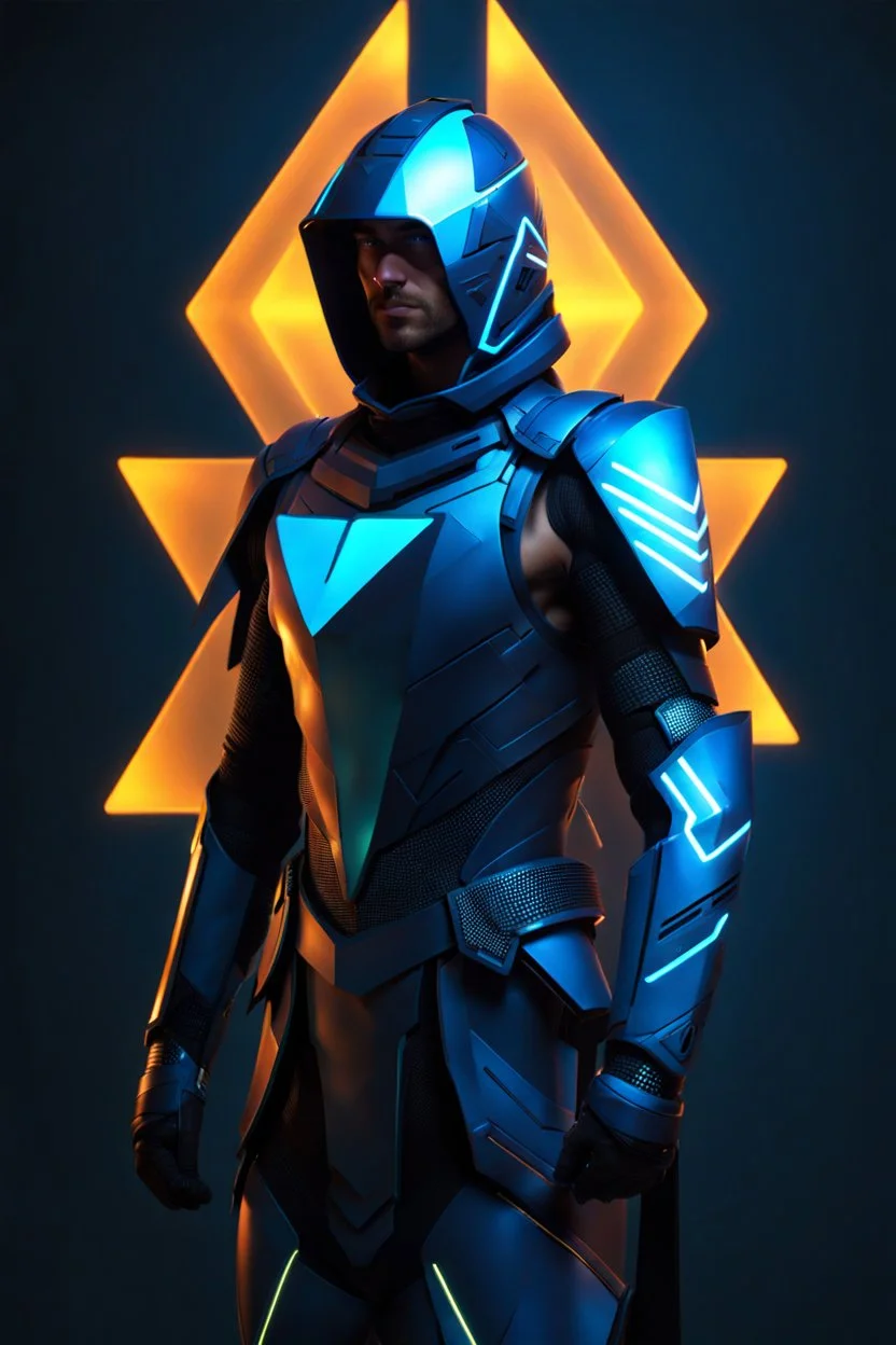 neon blue, floating triangle of light on the back, cyber armor, geometric patterns on armor, male, orbiting triangle