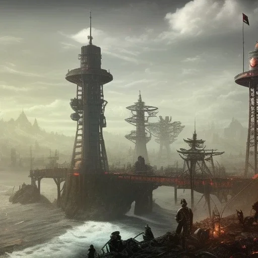 fallout 4, ships buildt into city, dam bridge city, spray paint, mongols, chalk,chimney, antennas, sattelite dish,warhammer, fantasy game art