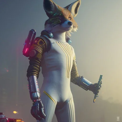 A cyberpunk soldier Armor wearing Fox,cyberpunk2077, ultra realistic,shiny, smooth, studio quality, octane render, Surrealism, Triadic colour scheme,ambient lighting polaroid, 100mm