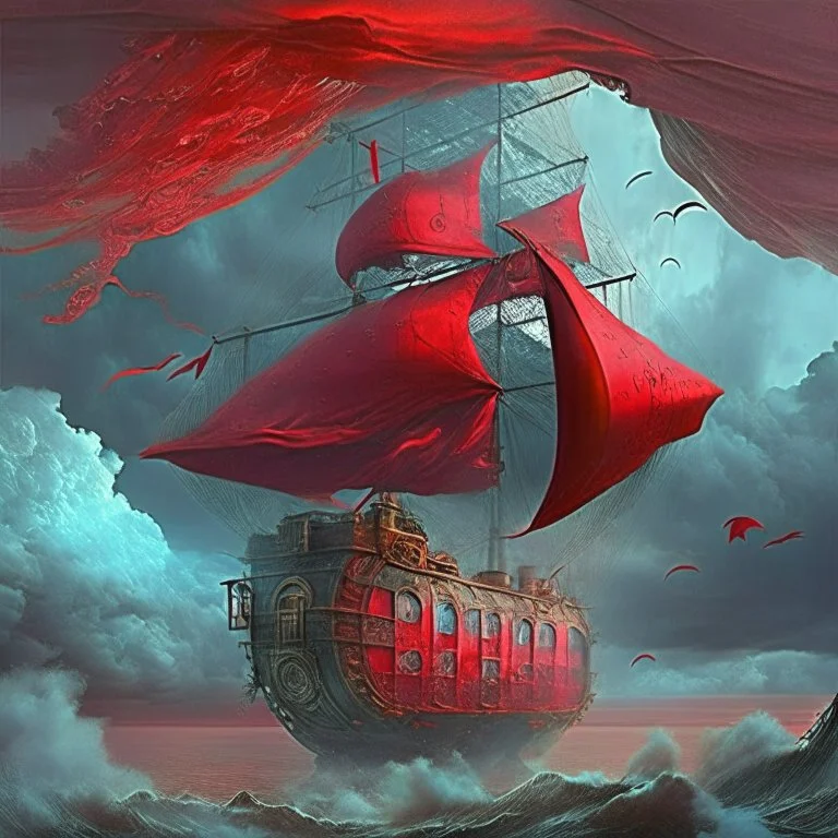 Add more windows to the ship. Keep the ship. change the sky to a decadent red, storm clouds.