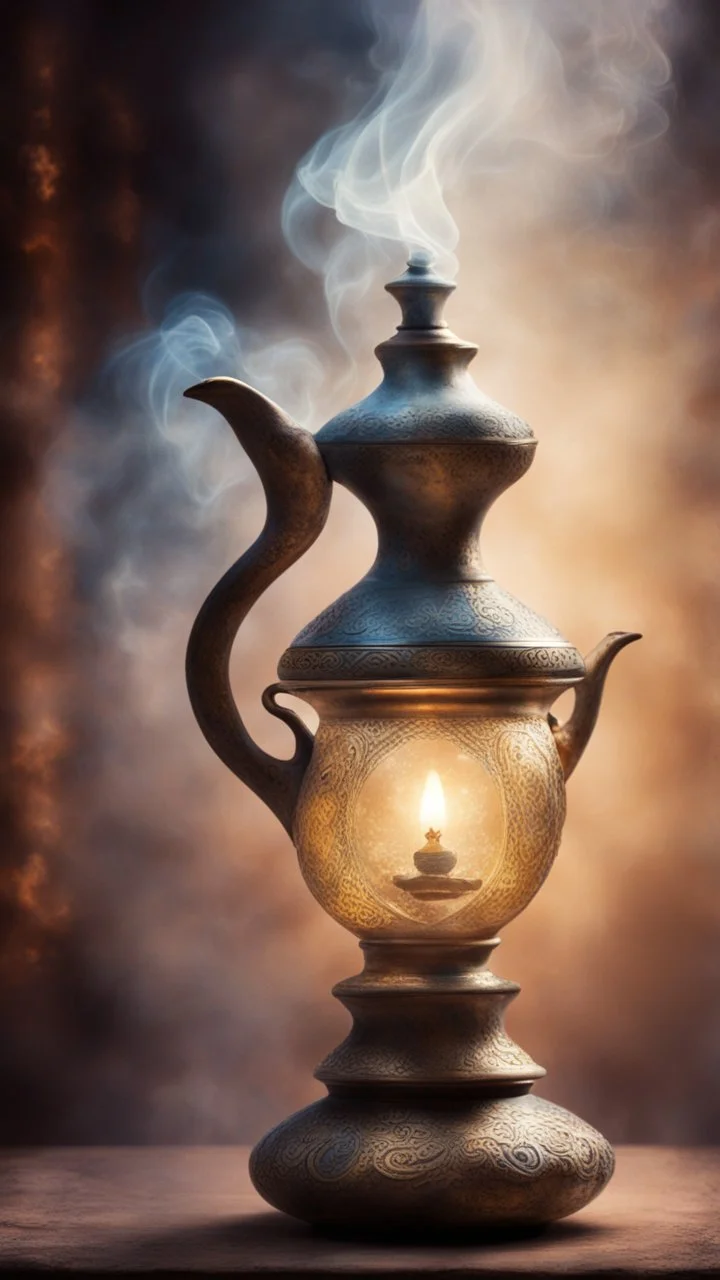 The aladin genie out of an old oil lamp in , Smokey ethereal, heavenly background