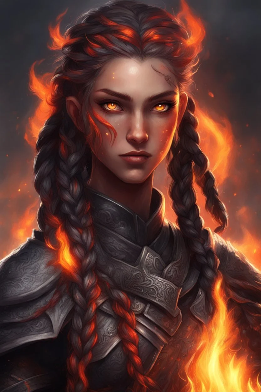 Female. Is a Druid and a paladin Hair is long and bright black . It has some braids and looks like it is on fire. Eyes are noticeably red color, fire reflects. Makes fire with hands. Has a big scar over whole face. Skin color is dark