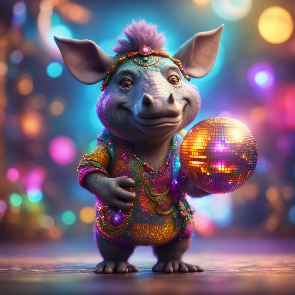 Gates as hairy groove funk kobold rhino hippie holding disco ball ,bokeh like f/0.8, tilt-shift lens 8k, high detail, smooth render, down-light, unreal engine