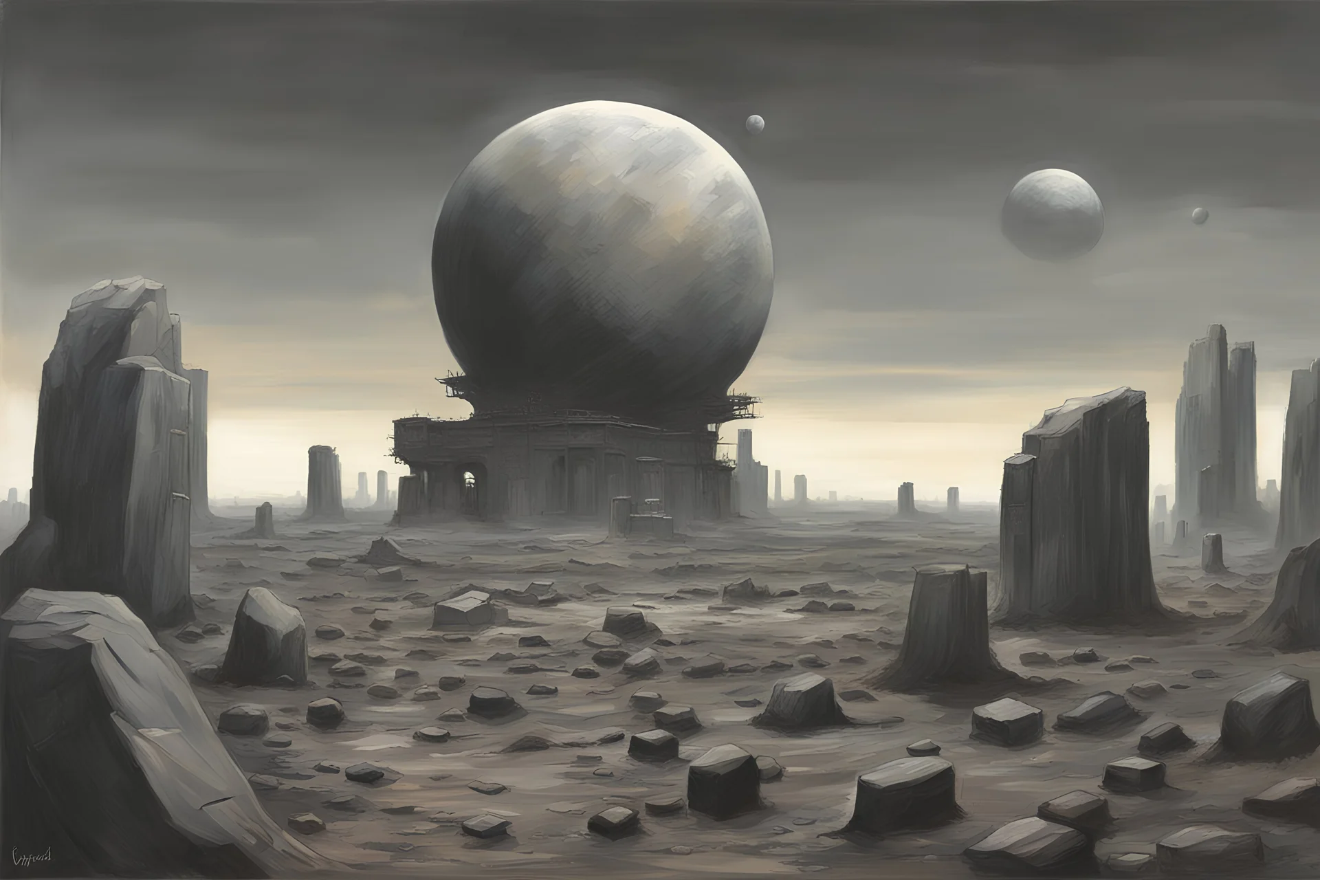 Grey sky with one planet in the horizon, rocks, sci-fi, 2000's sci-fi movies influence, rodolphe wytsman and friedrich eckenfelder impressionism paintings