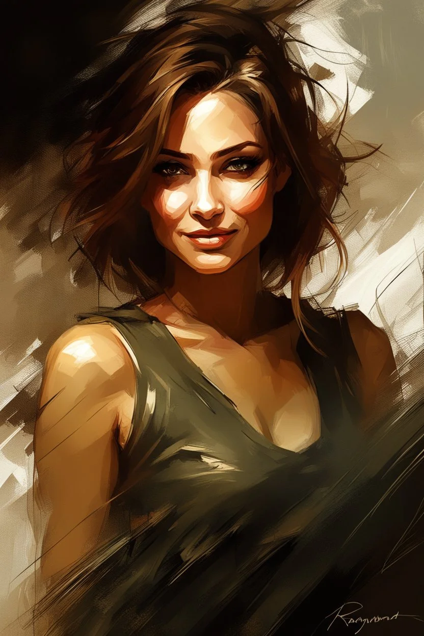 Beautiful woman about 35 years old. Brown hair, brown eyes. Light skin, wise smile, Raymond Swanland & Alyssa Monks & Anna Razumovskaya & Benedick Bana