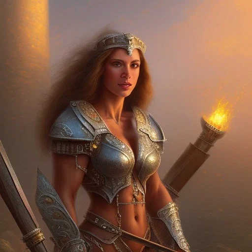 cinematic, majestic female barbarian, bodybuilder woman, bokeh, castle fortress, by thomas kinkade mark keathley terry redlin