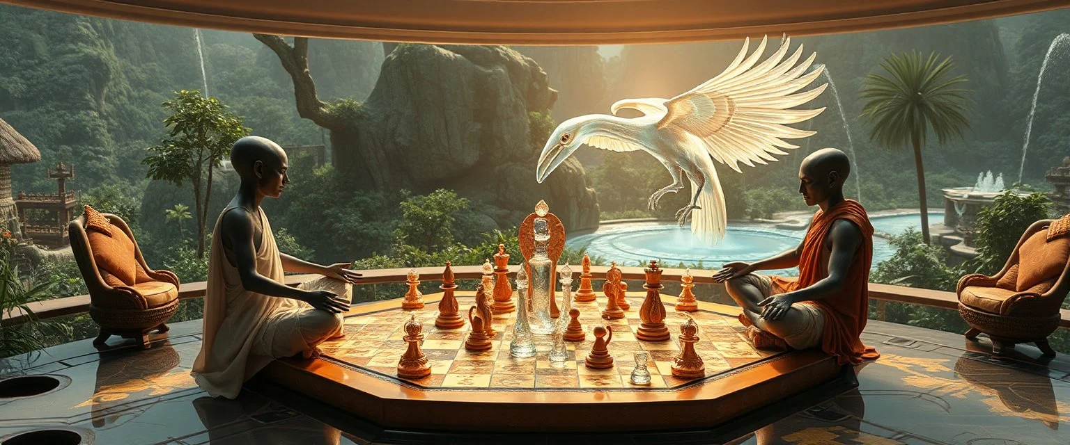 alien levitating yoga monk chess masters playing serious glowing chess on hex map in lounge on beautiful lush planet with huge transparent bird glass pieces of ships in fountain