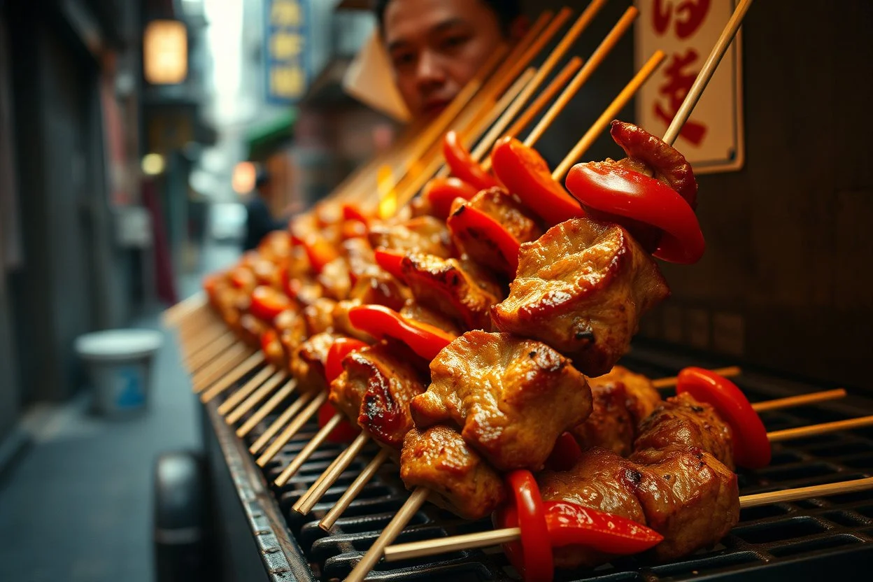 In a tight Tokyo alleyway, a close up of a line-up of hot steaming teriyaki meat and red pepper kabobs on a grill, intricate detail, delicious, tempting, Global Street Foods, Cinematic film still, shot on v-raptor XL, vignette, color graded, post-processed, cinematic lighting, 35mm film, live-action, best quality, atmospheric, a masterpiece, epic, stunning, dramatic, Japanese aesthetic, Japanese letters