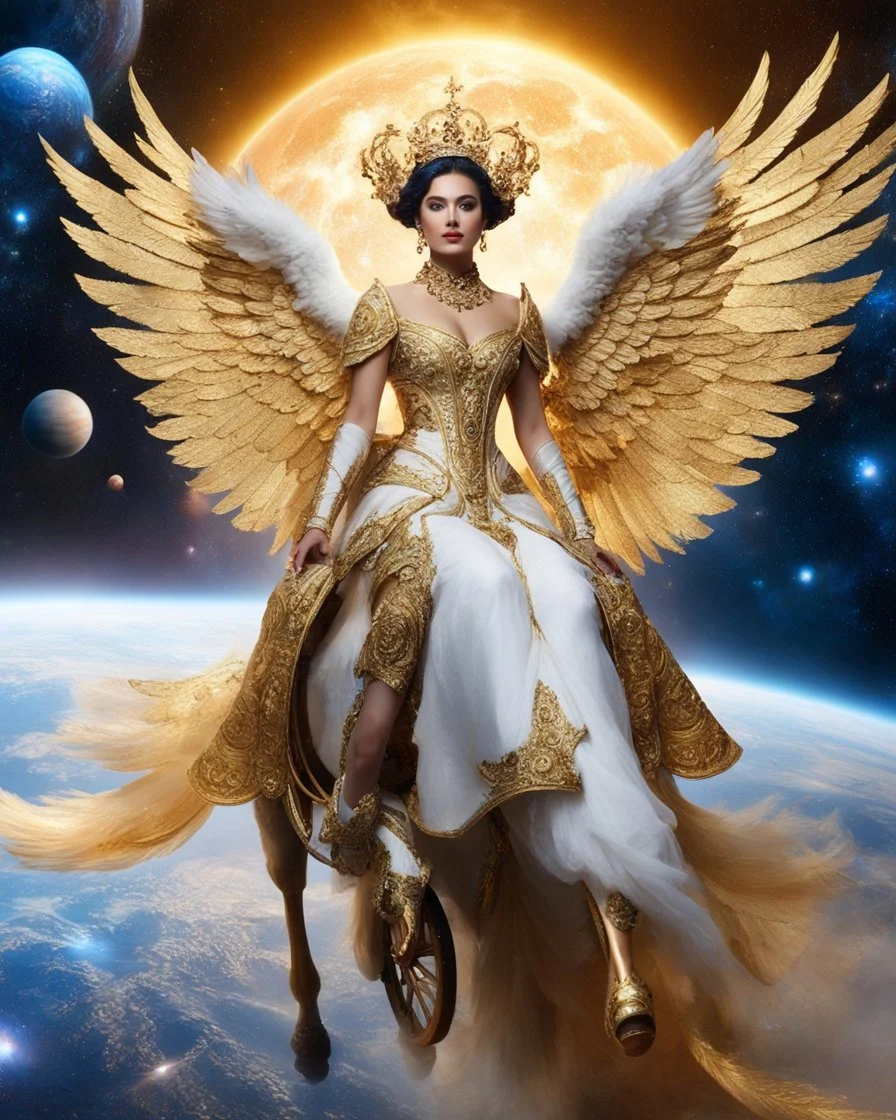 Realistic photography take photoshoot from far, facing front view of a beautiful angel straddle wings dressed in gown traditional queen clothing riding a golden horse-drawn carriage, flying in space, a galaxy surrounded by planets