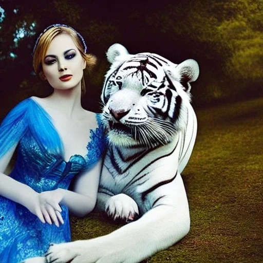 a beautiful sourceress that is riding a white tiger, dressed in a intricate blue dress, looking in camera, high definition, futuristic style