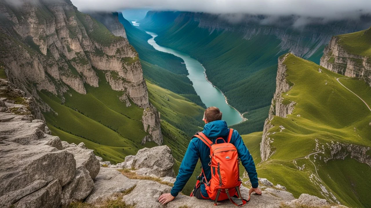 photo from a man falls down the mountain with a backpack, he falls from a high cliff into the abyss, detalied, Professional photography, natural lighting, canon lens, shot on dslr 64 megapixels ,sharp focus