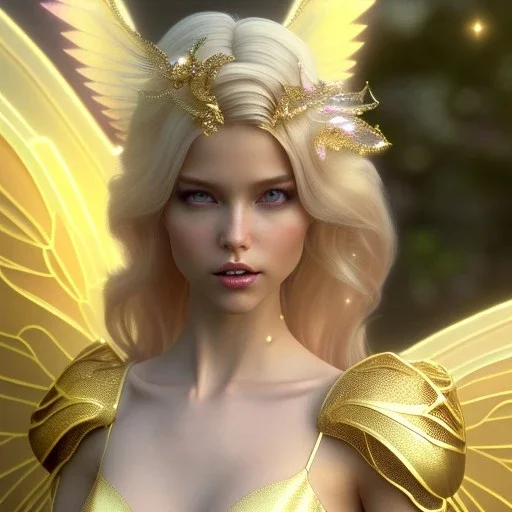 beautiful fairy very etheric, nice smiling, long blond hair, magic glamour pink make up, delicate colors, complete vision of very transparent golden and big wings, beautiful glamour transparent golden dress, ultra sharp focus, 8k, unreal engine 5, extremely sharp detail, light effect, soft light atmosphere, smooth, full of details, face in front, complete vision of face and hair and of the body