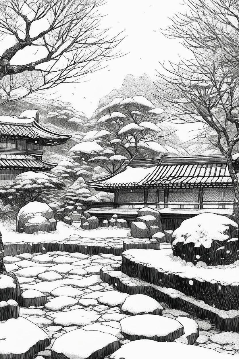 Tokyo garden in Winter abstract pencil black and white STYLE OF HIROKU OGAI