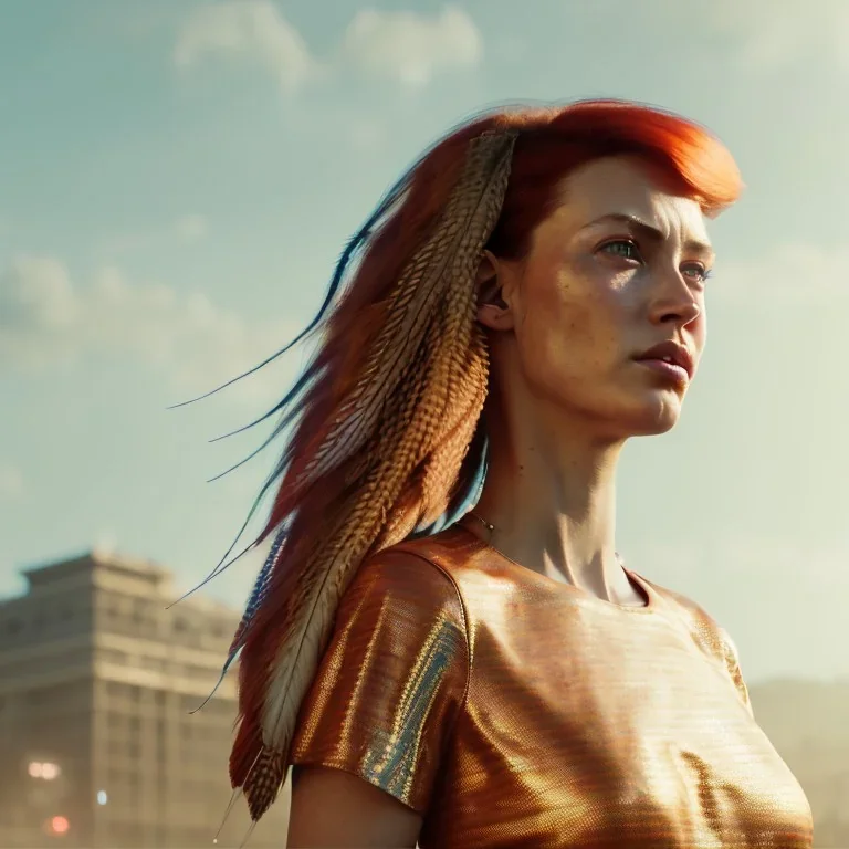 A beautiful portrait of a cyberpunk woman with lot's of grain on her skin red head with natural hair flying in the wind cyborg smiling facing camera orange color scheme, high key lighting, volumetric light high details with white stripes and feathers unreal 5, octane render, cinema4d, dynamic lighting, dramatic lighting, 4k, redshift render, highly detailed, hyper realistic