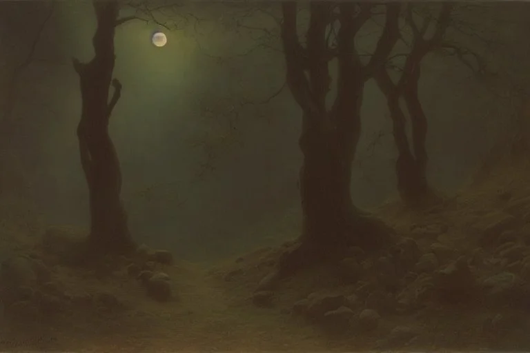 night, dry trees, rocks, mountains, cliffs, philosophic influence, horror gothic movies influence, dark fantasy and witchcraft influence, emile claus, and friedrich eckenfelder impressionism paintings