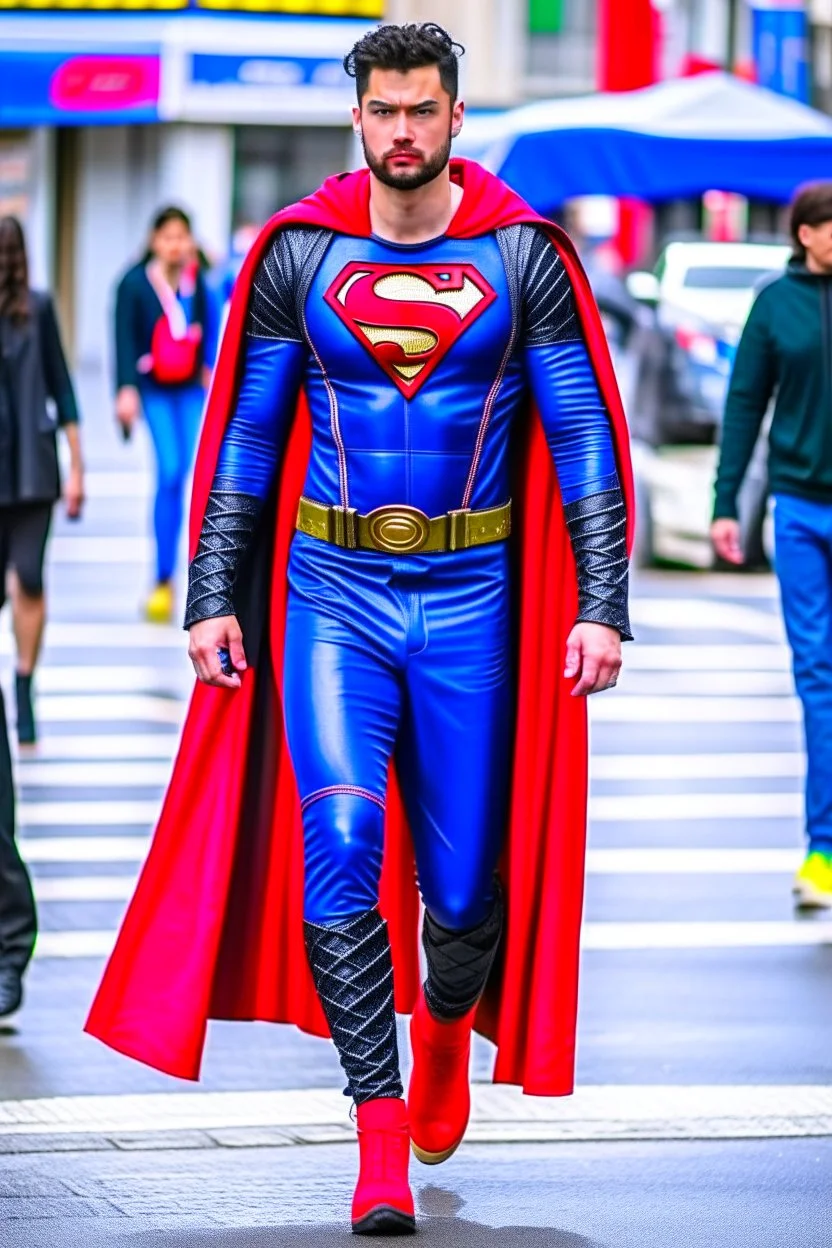 Superman on a fashion runway cyberpunk clothes style street wear without cape