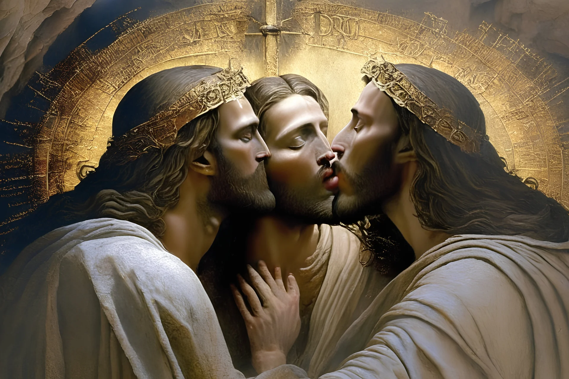 egy másik szakállas férfival jézus smárol and gloriás Jesus Christ flirtatiously kissing picture, rich in detail. They were loosely dressed. They are very much in love with Jesus On the edge of the abyss, where the eternal abyss is and everything is embraced around them by beings of light. There are also ape-men and big black shadows with hoods and stoles. 4K Blurred image of Jesus with a monkey head