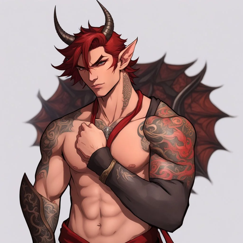 A Young Adult Male. A unique blend of Wood Elf and Red Tiefling features. His handsome face contrasts with the Yakuza dragon tattoos that completly cover his back, arms, and legs. He is wearing a torn coat. A physique that is strong and well-built, resembling a Fighter.