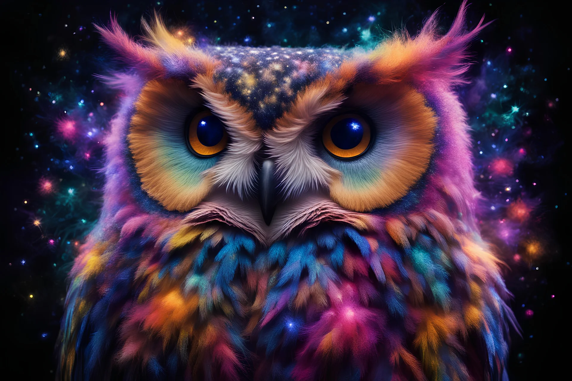 flowergarden, bodyscape double exposure owl portrait of a colorful intricated flowergarden, forest and colorful stars of sparks on the front of an insanely beautiful fluffy owl body with colorful fur of fluorescent light emitting fiber optics, standing in a dark place, playing with the fur, fluorescent pigment body painting style by John Poppleton and Bob Ross, diffused lighting, double exposure, blend, illusion, octane render, digital painting, extremely detailed, Award winning photography, 8k,