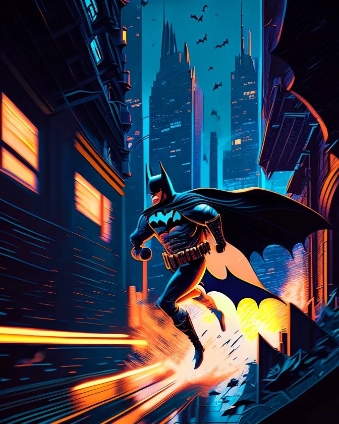 Batman running hyper-detailed retro art full body city background 8k