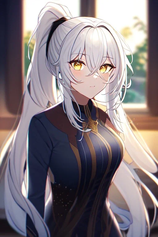 girl, masterpiece, best quality, cinematic lighting, detailed outfit, vibrant colors, perfect eyes, long hair, white hair, golden eyes, ponytail, messy hair, hair between eyes, indoors, depth of field, ray tracing,