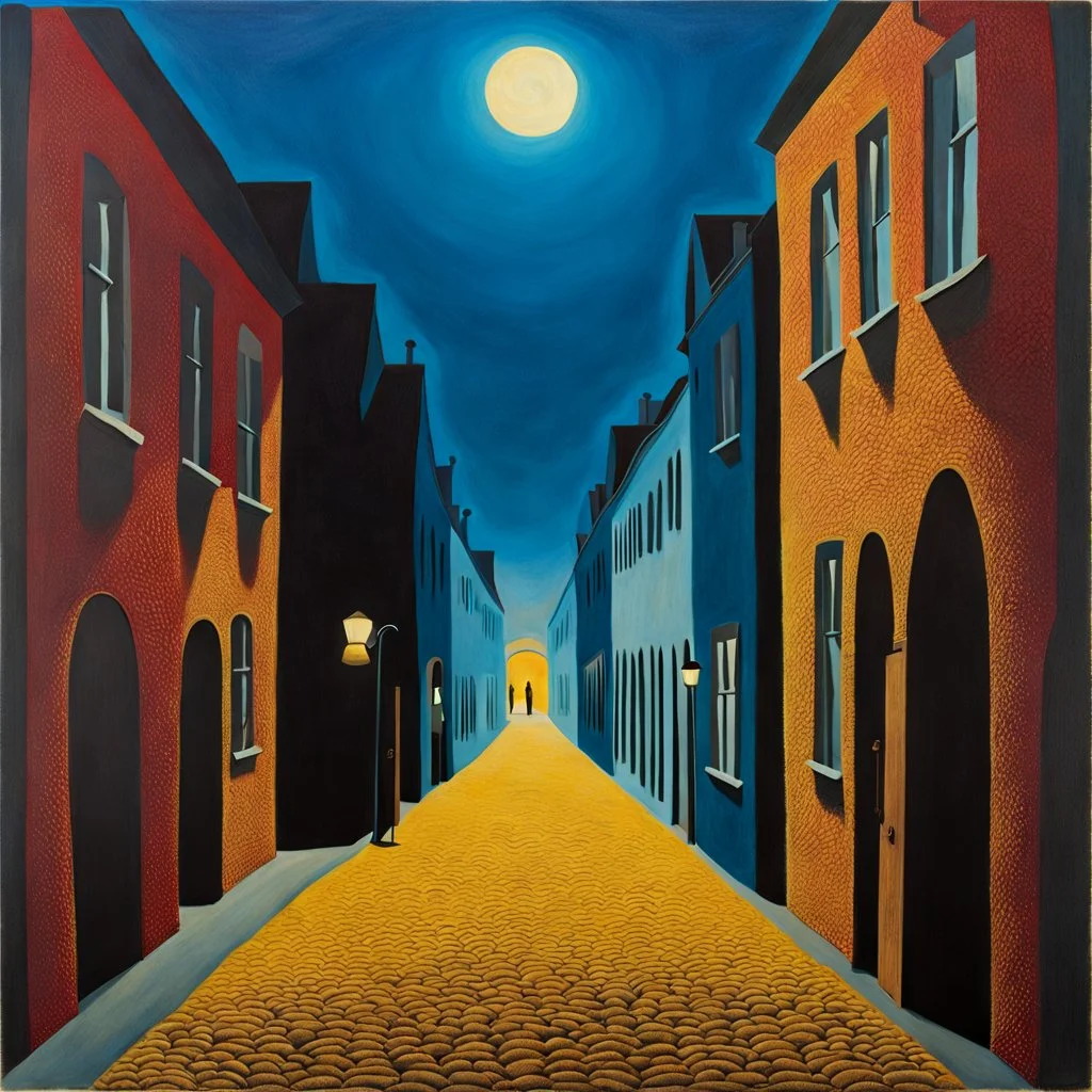 street made of felt, volumetric light, noon-light, nightmare, people, René Magritte