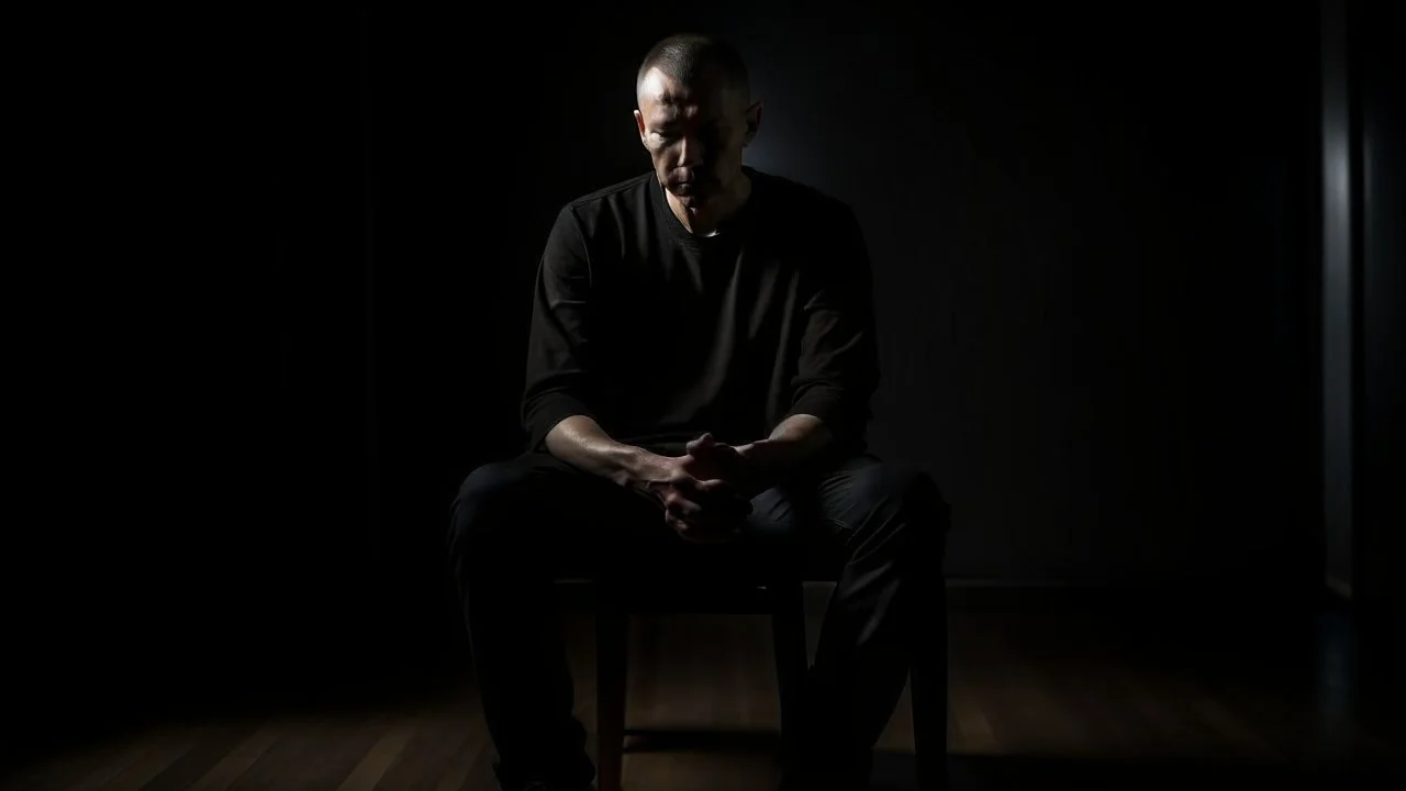 ، يظهر رجل جالس على كرسي في غرفة مظلمة. وجهه غير واضح، لكن يمكن رؤية عينيه مغمضتين. الرجل يرتدي ملابس سوداء، ويبدو أنه في حالة من الهدوء والتأمل.