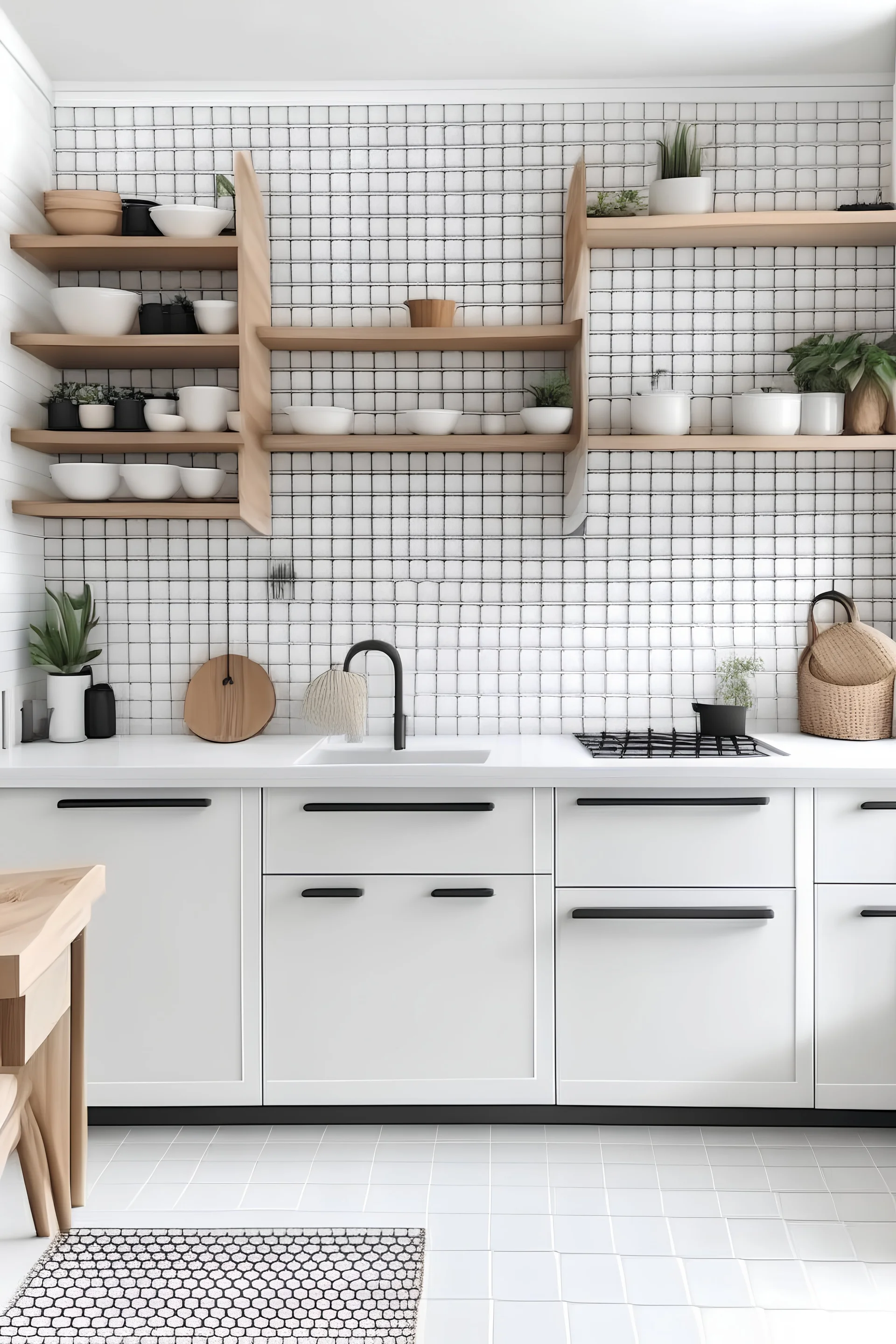 white kitchen with black handles , with white work surface, hexagon white marble backsplash, white marble floor and 1 wooden shelf with small plant and wicker baskets