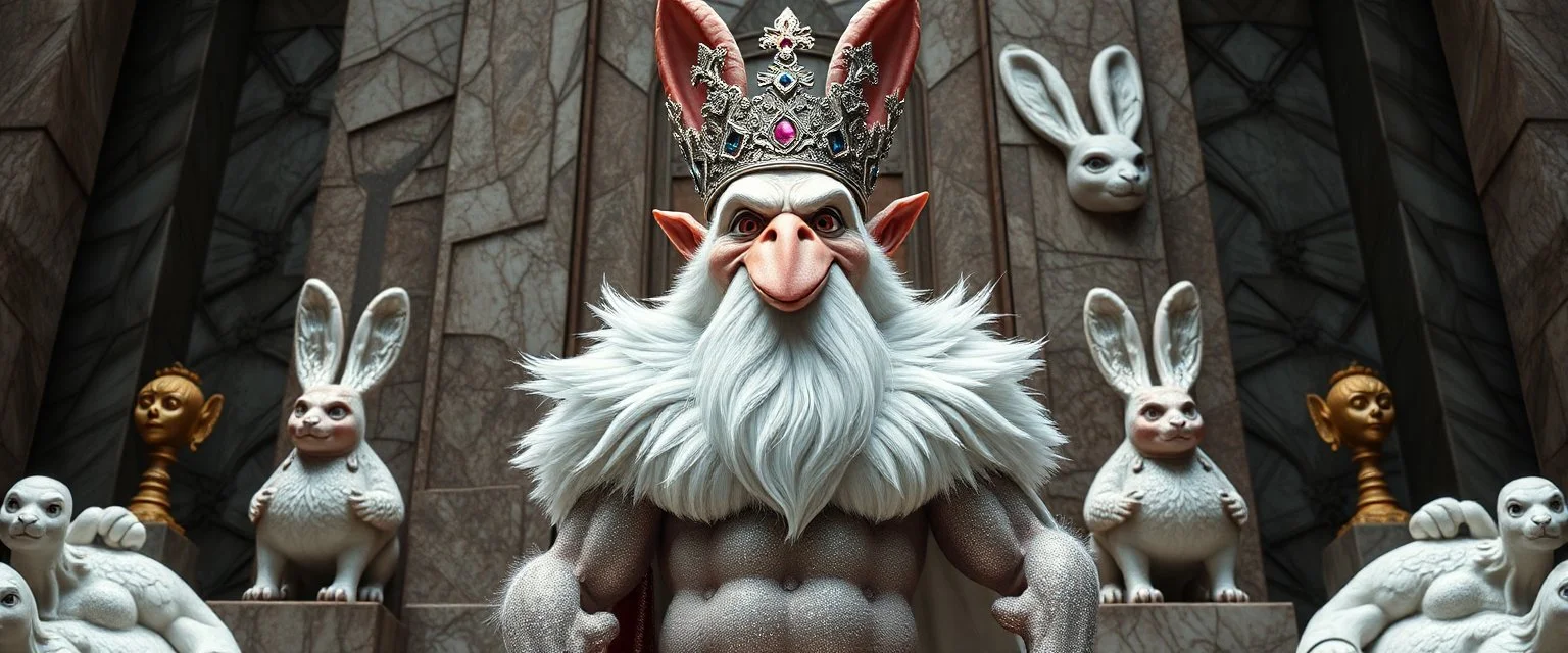 king troll brilliant detailed full figure portrait disco glittery goose slug alien fluffy muscle man dino anime in the style of Escher and Giger in front of dented marble tower of glitter bunny statues