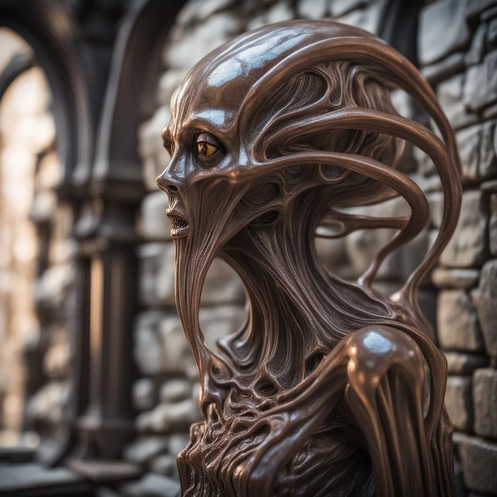 giger escher illithid mind flawyer witch sculpture in transparent bronze murano glass in front of stone wall,bokeh like f/0.8, tilt-shift lens 8k, high detail, smooth render, down-light, unreal engine,bokeh like f/0.8, tilt-shift lens 8k, high detail, smooth render, down-light, unreal engine