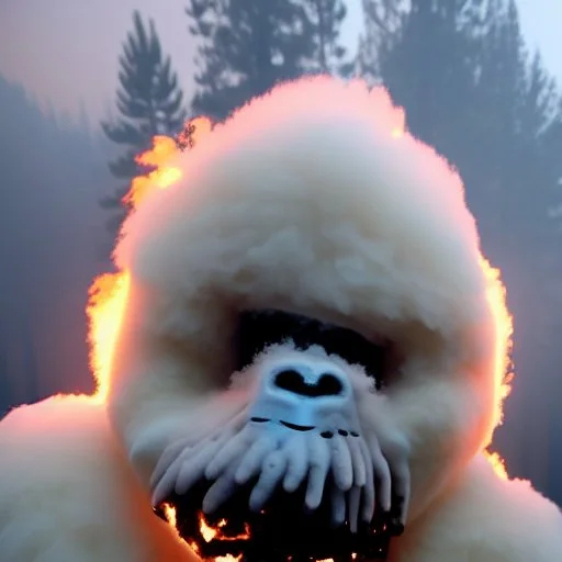 subject = (Yeti in a mask) * (burning yeti huge flames and totally on fire), background = (wildfires, flames, mountains, fires, smoke, disaster, burning)