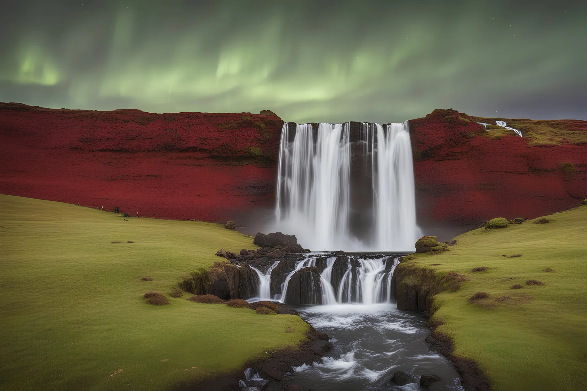 waterfall in Iceland at night, with aurora, green grass and a red house