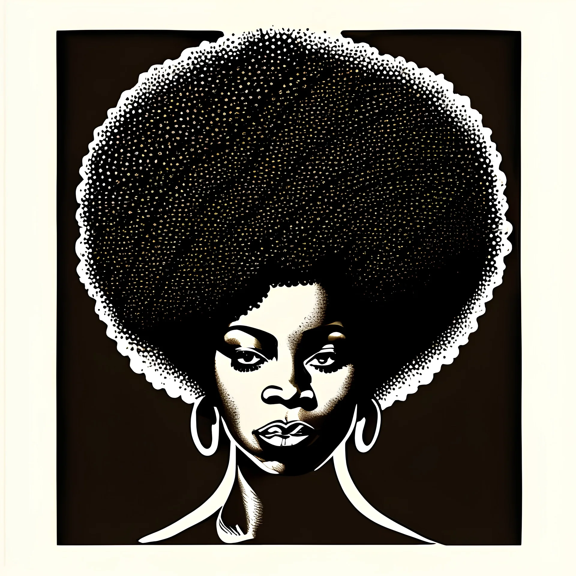 Ebony curvy lady with afro hairstyle, no smiling. Block print