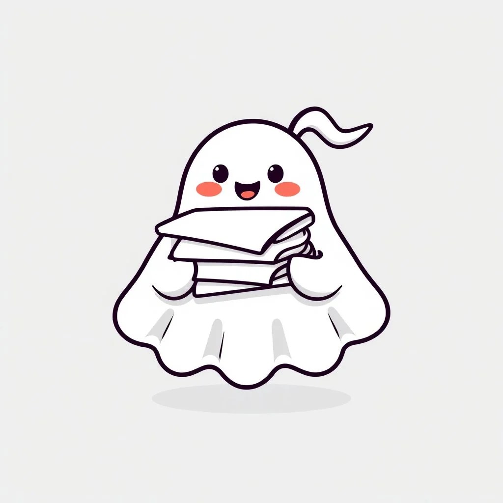 An icon that features a cute and happy ghost. That holds a big pile of papers in its hands. No background. Transparent background. Cute. Icon. Logo. Drawing. SVG.
